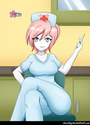 Size: 715x1000 | Tagged: safe, artist:clouddg, imported from derpibooru, nurse redheart, equestria girls, breasts, busty nurse redheart, chair, clothes, crossed legs, female, hat, helloooooo nurse, looking at you, nurse, nurse hat, scrubs, scrubs (gear), signature, sitting, smiling, solo, thermometer