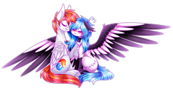 Size: 3658x1865 | Tagged: safe, artist:honeybbear, imported from derpibooru, oc, oc only, oc:beatz, oc:heartfire, pegasus, pony, clothes, colored wings, cuddling, duo, ear fluff, ear piercing, eyes closed, female, floppy ears, male, mare, piercing, simple background, sitting, socks, spread wings, stallion, transparent background, two toned wings, wings