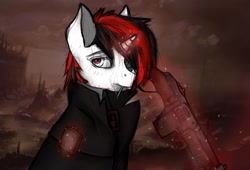 Size: 1055x719 | Tagged: safe, artist:s.l.guinefort, imported from derpibooru, oc, oc only, oc:blackjack, pony, unicorn, fallout equestria, fallout equestria: project horizons, alcohol, bust, cigarette, clothes, coat, drink, flask, glowing horn, gun, magic, portrait, ruins, smoking, solo, telekinesis, weapon