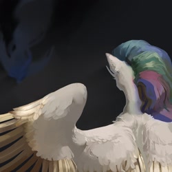 Size: 2160x2160 | Tagged: safe, artist:yanisfucker, imported from derpibooru, princess celestia, princess luna, alicorn, pony, back, colored wings, colored wingtips, dark, ear fluff, female, fluffy, flying, mare, missing accessory, shoulder fluff, solo, spread wings, wing fluff, wings