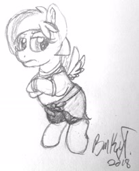 Size: 2114x2587 | Tagged: safe, artist:binkyt11, derpibooru exclusive, imported from derpibooru, pegasus, pony, fake it 'til you make it, chibi, ear fluff, female, flying, mare, millie anna, monochrome, solo, that was fast, traditional art