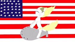 Size: 1920x1080 | Tagged: safe, imported from derpibooru, oc, oc only, earth pony, pony, american flag, blonde hair, bomb, crappy art, eyes closed, falling, female, hat, mare, open mouth, propaganda, solo, stars, weapon, white pony