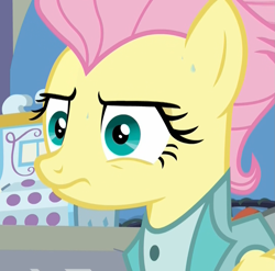 Size: 1093x1080 | Tagged: safe, imported from derpibooru, screencap, fluttershy, pony, fake it 'til you make it, :s, cash register, cropped, female, mare, nervous, rarity for you, reaction image, severeshy, solo, sweat, wavy mouth, wide eyes