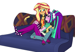 Size: 2048x1421 | Tagged: safe, artist:verumteednp, deleted from derpibooru, imported from derpibooru, aria blaze, sunset shimmer, equestria girls, rainbow rocks, art trade, blushing, clothes, couch, female, lesbian, looking at each other, pants, shipping, shirt, simple background, sitting, smiling, sunblaze, transparent background