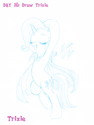 Size: 1707x2262 | Tagged: safe, artist:shinta-girl, imported from derpibooru, trixie, pony, cape, clothes, februpony, female, monochrome, pose, sketch, solo, traditional art, trixie's cape