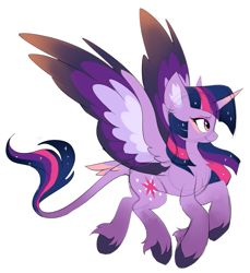 Size: 911x994 | Tagged: dead source, safe, artist:hioshiru, imported from derpibooru, twilight sparkle, alicorn, pony, alternate design, chest fluff, colored hooves, colored wings, ear fluff, female, flying, gradient hooves, gradient horn, leonine tail, looking forward, mare, multicolored wings, redesign, side view, simple background, slim, smiling, solo, spread wings, tail feathers, twilight sparkle (alicorn), unshorn fetlocks, white background, wings