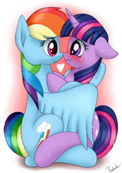 Size: 2480x3507 | Tagged: safe, artist:twidasher, imported from derpibooru, rainbow dash, twilight sparkle, pegasus, pony, unicorn, blushing, cute, dashabetes, duo, female, floppy ears, heart, hug, lesbian, looking at each other, mare, shipping, signature, sitting, smiling, twiabetes, twidash, unicorn twilight, wavy mouth, winghug