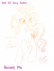 Size: 1707x2262 | Tagged: safe, artist:shinta-girl, imported from derpibooru, pinkie pie, sunset shimmer, februpony, fusion, monochrome, sketch, traditional art, xk-class end-of-the-world scenario