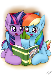 Size: 2480x3507 | Tagged: safe, artist:twidasher, imported from derpibooru, rainbow dash, twilight sparkle, pegasus, pony, unicorn, blue feather, book, bookshelf, cute, daring do and the sapphire statue, daring do book, dashabetes, duo, feather, female, hug, lesbian, open mouth, reading, shipping, signature, twiabetes, twidash, unicorn twilight, winghug