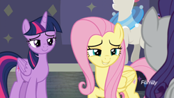 Size: 1920x1080 | Tagged: safe, imported from derpibooru, screencap, fluttershy, rarity, twilight sparkle, alicorn, fake it 'til you make it, spoiler:s08, bedroom eyes, lidded eyes, smiling, twilight sparkle (alicorn)