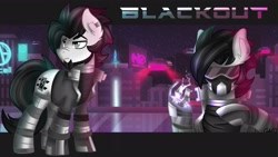 Size: 1920x1080 | Tagged: safe, artist:ciderpunk, imported from derpibooru, oc, oc only, oc:blackout, cyborg, amputee, clothes, cyberpunk, facial hair, futuristic, goatee, prosthetic leg, prosthetic limb, prosthetics, robotic legs, solo