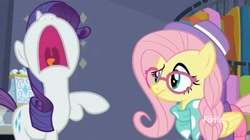 Size: 1663x929 | Tagged: safe, imported from derpibooru, screencap, fluttershy, rarity, fake it 'til you make it, hipstershy, nose in the air, rarity for you, volumetric mouth