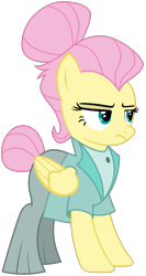 Size: 1203x2257 | Tagged: safe, artist:sonofaskywalker, imported from derpibooru, fluttershy, pegasus, pony, fake it 'til you make it, alternate hairstyle, clothes, female, hair bun, jacket, mare, pants, severeshy, simple background, snooty, solo, tail bun, transparent background, vector