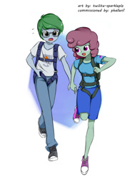 Size: 820x1106 | Tagged: safe, artist:twilite-sparkleplz, imported from derpibooru, oc, oc only, oc:software patch, oc:windcatcher, equestria girls, converse, couple, cutie mark clothes, cutie mark on clothes, equestria girls-ified, female, glasses, holding hands, male, parachute, pulling, running, shoes, simple background, sneakers, windpatch