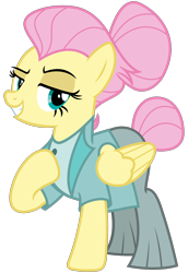 Size: 2200x3200 | Tagged: safe, artist:cheezedoodle96, imported from derpibooru, fluttershy, pegasus, pony, fake it 'til you make it, .svg available, alternate hairstyle, clothes, dreamworks face, female, hair bun, hoof on chest, jacket, looking at you, mare, pants, raised hoof, severeshy, shirt, simple background, smiling, solo, svg, tail bun, transparent background, vector