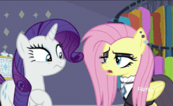 Size: 589x360 | Tagged: safe, edit, edited screencap, imported from derpibooru, screencap, fluttershy, rarity, fake it 'til you make it, animated, female, fired, fluttergoth, loop, startled