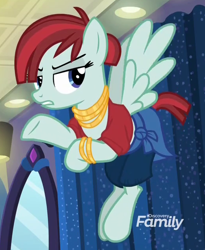 Size: 520x634 | Tagged: safe, imported from derpibooru, screencap, valley glamour, pegasus, pony, fake it 'til you make it, background pony, bracelet, clothes, cropped, female, flying, frown, gold, jewelry, lidded eyes, mare, midriff, mirror, necklace, shirt, shorts, solo