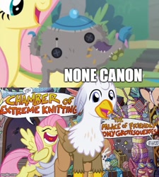 Size: 500x556 | Tagged: safe, edit, edited screencap, imported from derpibooru, screencap, fluttershy, oc, oc:silver quill, classical hippogriff, hippogriff, pegasus, pony, fake it 'til you make it, knitting, misspelling