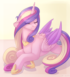 Size: 1548x1704 | Tagged: safe, artist:mich-art, imported from derpibooru, princess cadance, alicorn, pony, cute, cutedance, eye clipping through hair, eyes closed, female, floppy ears, hoof shoes, jewelry, mare, prone, regalia, smiling, solo, two toned wings, wing fluff