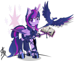 Size: 3224x2599 | Tagged: safe, artist:aleriastarlight, imported from derpibooru, twilight sparkle, alicorn, phoenix, pony, alternate hairstyle, armor, badass, book, boots, clothes, coat markings, colored wings, cutie mark, cutie mark background, cutie mark clothes, cutie mark on clothes, dark phoenix, digital art, ear fluff, epic, female, glowing horn, high res, jewelry, leg strap, leggings, looking sideways, magic, mare, necklace, scarf, shoes, signature, solo, starry mane, style emulation, sword, tail band, telekinesis, transparent background, twilight sparkle (alicorn), vector, weapon, wing armor, wingding eyes