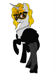 Size: 576x768 | Tagged: safe, artist:timejumper, imported from derpibooru, oc, oc only, oc:opalescent hayschting, black dress, clothes, dress, evening gloves, gloves, high heels, jewelry, little black dress, long gloves, looking back, mask, necklace, pearl necklace, shoes, smiling, smirk, stockings, thigh highs