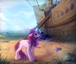 Size: 1623x1368 | Tagged: safe, artist:mich-art, imported from derpibooru, oc, oc only, crab, pony, unicorn, beach, blushing, cloud, crepuscular rays, dishevelled, duo, female, floppy ears, gangplank, glowing horn, hat, magic, male, mare, micro, net, ocean, pirate hat, ratlines, sailship, ship, skull, stallion, telekinesis