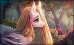 Size: 1661x1017 | Tagged: safe, artist:mich-art, imported from derpibooru, oc, oc only, bat pony, pony, female, forest, mare, scenery, solo, thick eyebrows, tree, wings