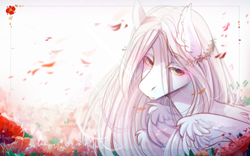 Size: 500x312 | Tagged: safe, artist:mich-art, imported from derpibooru, oc, oc only, pegasus, pony, ear fluff, floral head wreath, flower, light, looking at you, solo