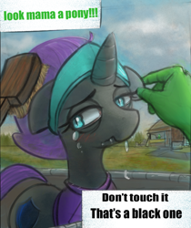 Size: 650x772 | Tagged: safe, artist:nignogs, imported from derpibooru, oc, oc:anon, oc:nyx, alicorn, /mlp/, abuse, altbrony, brush, brushie, caption, crying, cute, dialogue, drawthread, drool, first person view, hand, horn, missing accessory, mlpol, nyxabuse, offscreen character, petting, pov, racism, request, solo, zoo