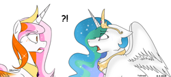 Size: 1214x550 | Tagged: safe, artist:emositecc, artist:tiadrawsz, imported from derpibooru, princess celestia, alicorn, pony, comic:sparkle, alternate mane color, alternate universe, collaboration, duo, female, looking at each other, mare, self paradox, self ponidox, shocked