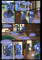 Size: 1240x1754 | Tagged: safe, artist:lunarcakez, imported from derpibooru, princess luna, oc, earth pony, pigeon, pony, comic:the origins of hollow shades, book, cloak, clothes, comic, library, mouth hold, s1 luna