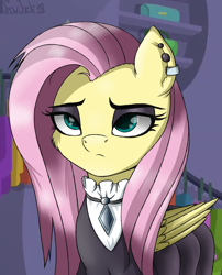 Size: 2053x2540 | Tagged: safe, artist:php97, imported from derpibooru, fluttershy, pegasus, pony, fake it 'til you make it, clothes, ear piercing, earring, eyeshadow, female, fluttergoth, jewelry, makeup, mare, piercing, solo