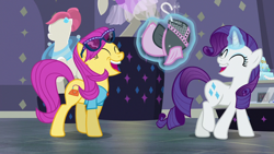 Size: 1280x720 | Tagged: safe, imported from derpibooru, screencap, pursey pink, rarity, fake it 'til you make it, laughing