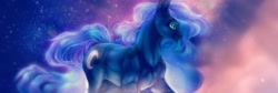 Size: 1973x661 | Tagged: safe, artist:kerydarling, artist:rrusha, imported from derpibooru, princess luna, horse, pony, female, mare, missing horn, muscles, solo, stars, wingless