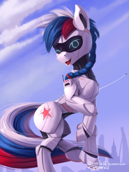 Size: 1440x1920 | Tagged: safe, artist:discordthege, imported from derpibooru, oc, oc only, oc:marussia, earth pony, pony, robot, robot pony, female, kremlin, looking at you, mare, nation ponies, one eye closed, russia, smiling, solo, wink