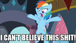 Size: 1024x576 | Tagged: safe, edit, edited screencap, imported from derpibooru, screencap, rainbow dash, fake it 'til you make it, angry, image macro, meme, vulgar