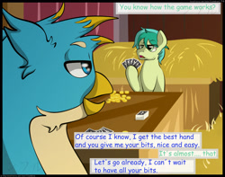 Size: 2350x1850 | Tagged: safe, artist:flash_draw, imported from derpibooru, gallus, sandbar, earth pony, griffon, comic:boring days, bits, comic, comic sans, gallbar, gay, high res, male, poker, shipping, teenager