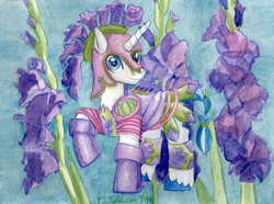 Size: 3532x2630 | Tagged: safe, artist:kelseyleah, imported from derpibooru, shining armor, pony, unicorn, armor, braided tail, flower, high res, looking at you, male, raised hoof, solo, stallion, tail band, traditional art