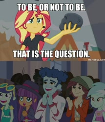 Size: 1237x1438 | Tagged: safe, edit, edited screencap, imported from derpibooru, screencap, blueberry cake, curly winds, ginger owlseye, lyra heartstrings, normal norman, scott green, scribble dee, some blue guy, sunset shimmer, valhallen, wiz kid, equestria girls, equestria girls series, opening night, background human, hamlet, meme, opening night: sunset shimmer, william shakespeare