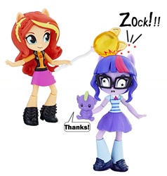 Size: 1075x1131 | Tagged: safe, edit, imported from derpibooru, sci-twi, spike, sunset shimmer, twilight sparkle, equestria girls, equestria girls series, balloon, clothes, doll, equestria girls minis, glasses, irl, jacket, parody, photo, plushie, shoes, skirt, socks, toy