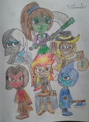 Size: 1024x1396 | Tagged: safe, artist:tobiisabunny, imported from derpibooru, oc, oc only, oc:bitter rot, oc:daybreak flare, oc:havoc fury, oc:lack luster, oc:monochrome frost, oc:moonlight blues, human, equestria girls, equestria girls-ified, scythe, traditional art