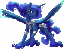 Size: 1980x1530 | Tagged: safe, artist:silfoe, imported from derpibooru, princess luna, alicorn, pony, nomad au, alternate universe, colored wings, colored wingtips, ethereal fetlocks, ethereal mane, female, horn cap, horn jewelry, jewelry, mare, royal multiverse, simple background, solo, spread wings, starry mane, unshorn fetlocks, white background, wings