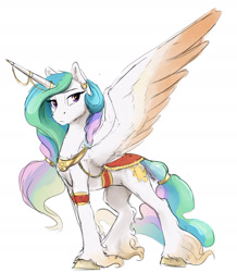 Size: 1333x1530 | Tagged: safe, artist:silfoe, imported from derpibooru, princess celestia, alicorn, pony, nomad au, alternate universe, clothes, colored wings, colored wingtips, ear piercing, earring, ethereal fetlocks, ethereal mane, female, horn jewelry, jewelry, mare, piercing, royal multiverse, simple background, solo, spread wings, unshorn fetlocks, white background, wings