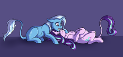 Size: 1500x700 | Tagged: safe, artist:shimazun, imported from derpibooru, starlight glimmer, trixie, classical unicorn, pony, unicorn, chest fluff, cute, diatrixes, female, glimmerbetes, leonine tail, lesbian, mare, preglight glimmer, pregnant, purple background, shipping, simple background, startrix, tongue out, worried