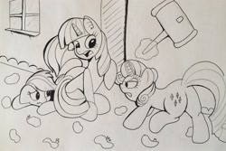 Size: 3688x2465 | Tagged: safe, artist:stammis, imported from derpibooru, rainbow dash, rarity, twilight sparkle, pony, hammer, high res, magic, monochrome, traditional art