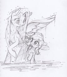 Size: 1102x1280 | Tagged: safe, artist:dilarus, deleted from derpibooru, imported from derpibooru, fluttershy, rainbow dash, pegasus, pony, female, floppy ears, flutterdash, grayscale, lesbian, looking at each other, mare, monochrome, one wing out, pencil drawing, rain, raised hoof, shipping, signature, simple background, size difference, sketch, smoldash, tallershy, traditional art, white background, wing umbrella