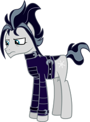 Size: 1116x1520 | Tagged: safe, artist:lightningbolt, derpibooru exclusive, imported from derpibooru, snow hope, earth pony, pony, fake it 'til you make it, .svg available, belt, belt buckle, clothes, emo, eyeliner, frown, goth, goth pony, jacket, makeup, male, messy mane, messy tail, sad, show accurate, simple background, solo, stallion, standing, svg, tall, transparent background, vector