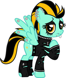 Size: 850x1011 | Tagged: safe, artist:lightningbolt, derpibooru exclusive, imported from derpibooru, lightning dust, pegasus, pony, .svg available, belt, chains, choker, clothes, drop dead clothing, dyed mane, ear piercing, earring, eyeliner, eyeshadow, female, frown, jewelry, lidded eyes, lip piercing, looking at you, makeup, mare, needle, piercing, raised hoof, safety pin, scar, show accurate, simple background, snake bites, socks, solo, spiked choker, spiked wristband, spread wings, standing, svg, thread, torn clothes, transparent background, vector, wing piercing, wings, wristband