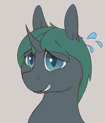 Size: 1200x1406 | Tagged: safe, artist:heftyhorsehostler, imported from derpibooru, oc, oc:honeysuckle, changeling, a changeling's guide to large horse care, bust, changeling oc, colored pupils, gray background, green changeling, grin, nervous, nervous grin, simple background, smiling, sweat