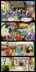 Size: 2000x4000 | Tagged: safe, artist:seventozen, imported from derpibooru, oc, oc only, oc:quill (seventozen), earth pony, giraffe, pony, unicorn, comic:the day breaks softly, comic, female, glowing horn, horn ring, male, mare, stallion, train